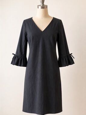 J Crew Dress Womens 0 Black Shift Ruffle Tie Bell Sleeve Midi Party Career Work